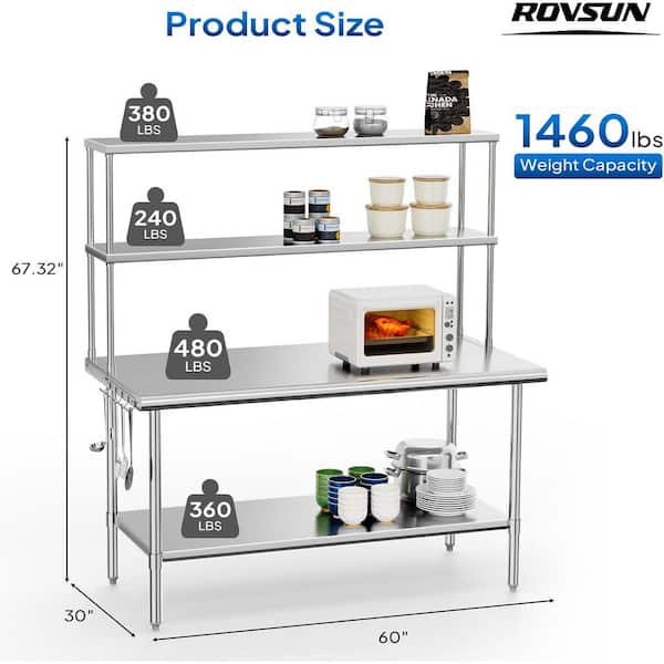 60 x 30 in. Silver Stainless Steel Kitchen Prep Table with Overshelves and Detachable Hooks