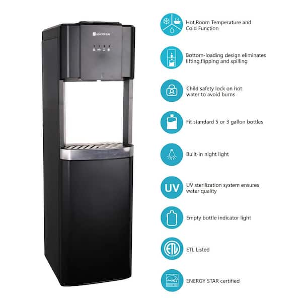 Water Dispenser Hot Room Temp Cold Water Bottom Load Matte Black Stainless Steel
