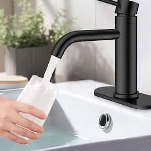 Single Handle Mid-Arc Bathroom Faucet with Deckplate and Pop-Up Drain in Matte Black
