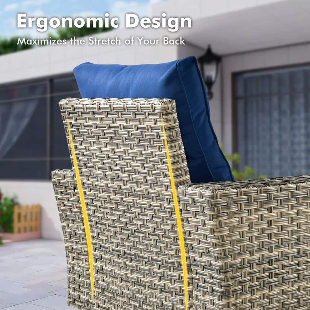 Solstice Wicker Outdoor Couch With Navy Blue Cushions And Coffee Table