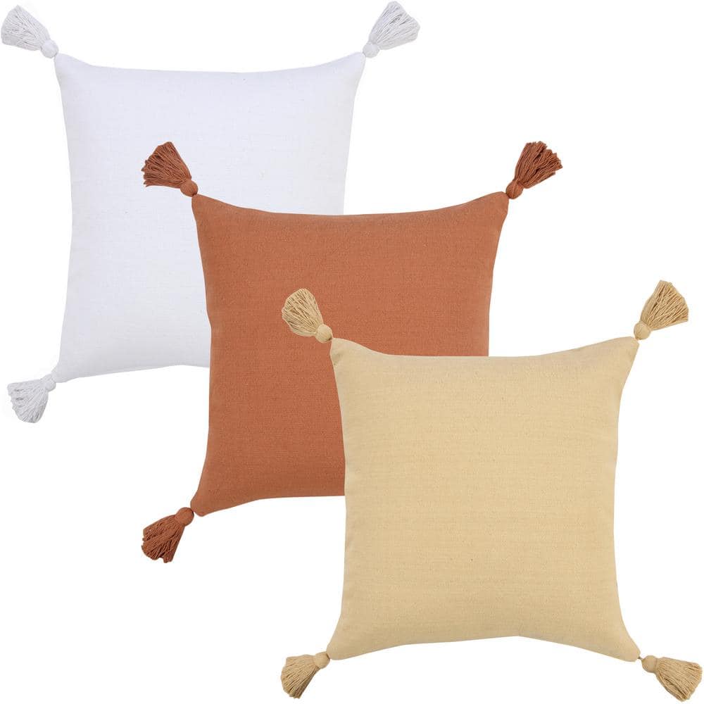 White Cotton Square Throw Pillow with Tassels
