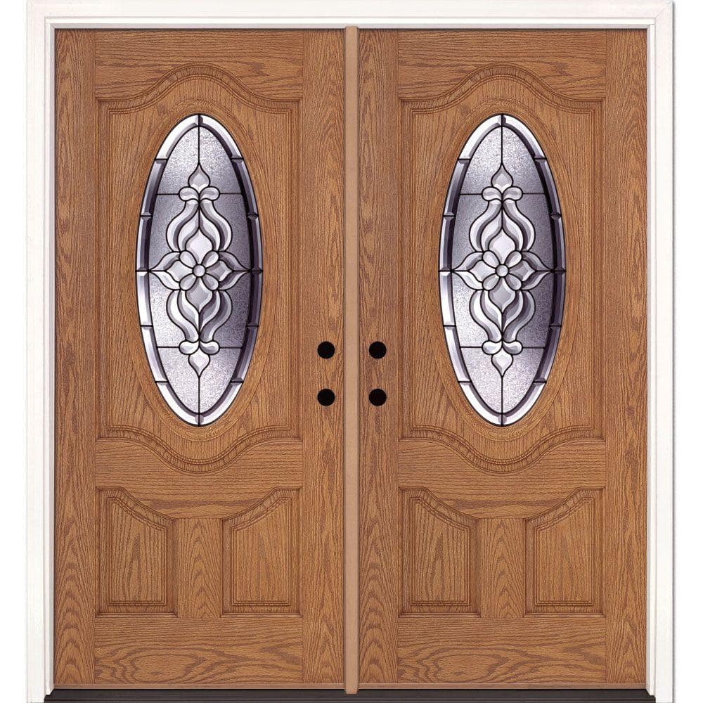 74 in. x 81.625 in. Lakewood Patina 3/4 Oval Lite Stained Light Oak Right-H