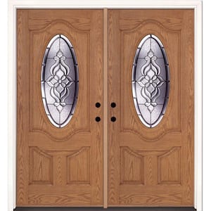 74 in. x 81.625 in. Lakewood Patina 3/4 Oval Lite Stained Light Oak Right-Hand Fiberglass Double Prehung Front Door