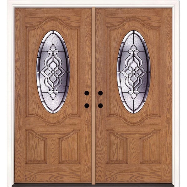 74 in. x 81.625 in. Lakewood Patina 3/4 Oval Lite Stained Light Oak Right-Hand Fiberglass Double Prehung Front Door