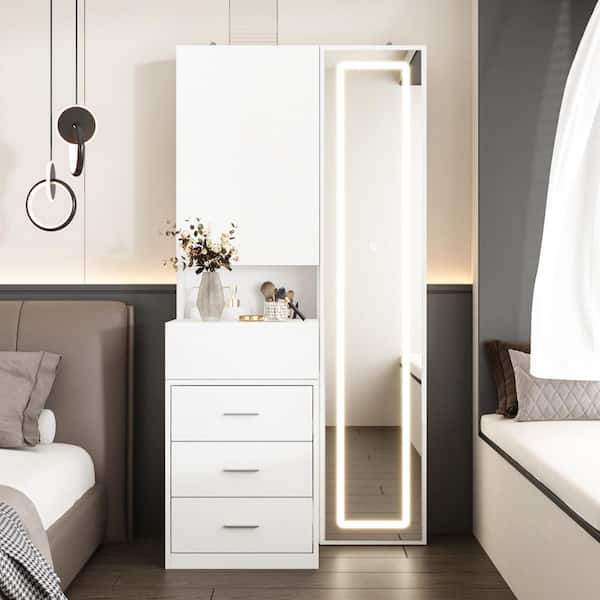 White Makeup Vanity Desk Wood Dressing Table With Sliding Top, Full-Length Mirror, Hidden Shelves, Drawers, LED Lights