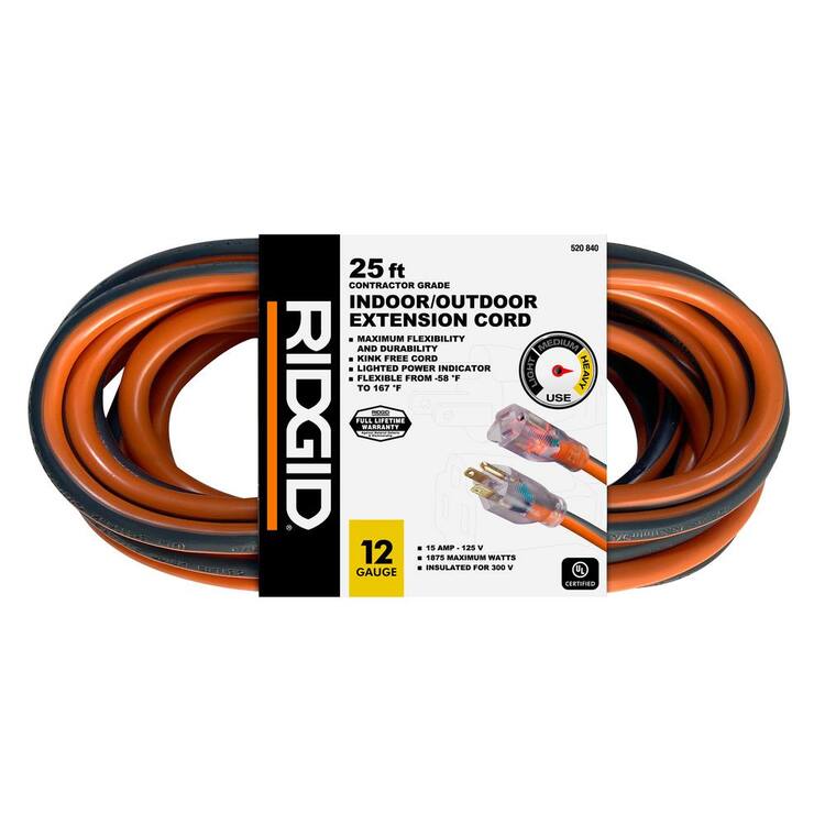 RIDGID 25 ft. 12/3 Heavy Duty Indoor/Outdoor Extension Cord with Lighted End, Orange/Grey