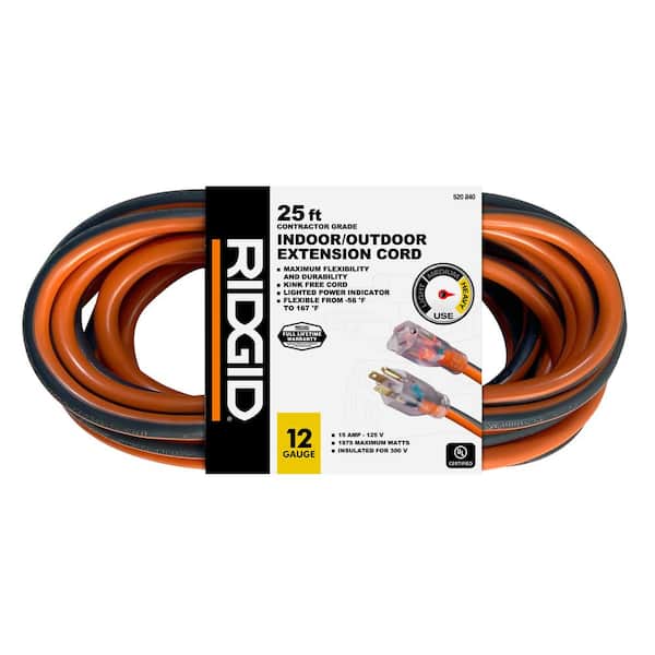 25 ft. 12/3 Heavy Duty Indoor/Outdoor Extension Cord with Lighted End, Orange/Grey