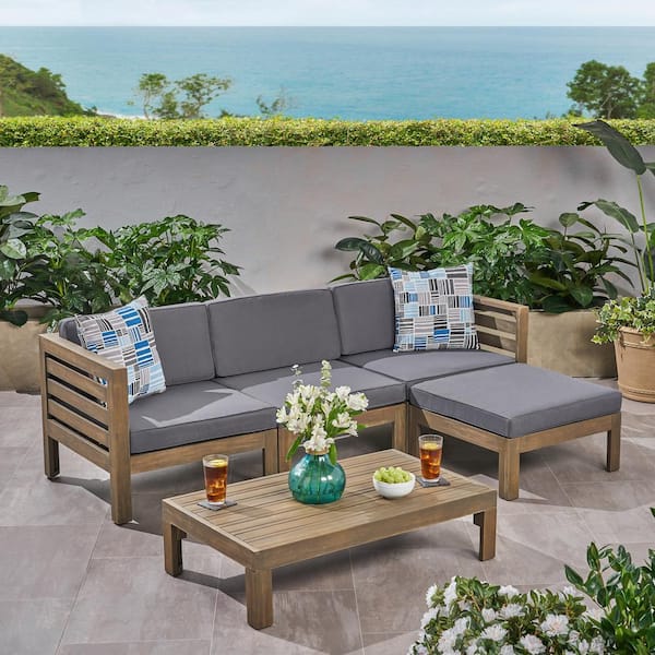 Zeus & Ruta 5-Piece Brown Wood Patio Conversation Set with Dark Gray Cushions and Coffee Table for Porch, Balcony, Poolside