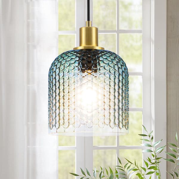 Rayhome 7.09 in.1-Light Modern Coastal Gradient Blue Honeycomb Hammered Glass Pendant Light for Dining Kitchen Island