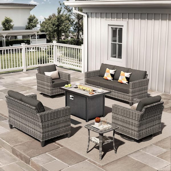 XIZZI Jupiter 6-Pcs Wicker Outdoor Patio Fire Pit Seating Sofa Set and with Black Cushions and Swivel Rocking