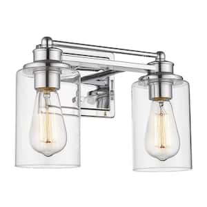 Modern 13.6 in. 2-Light Chrome Bathroom Vanity Light with Clear Glass Shades
