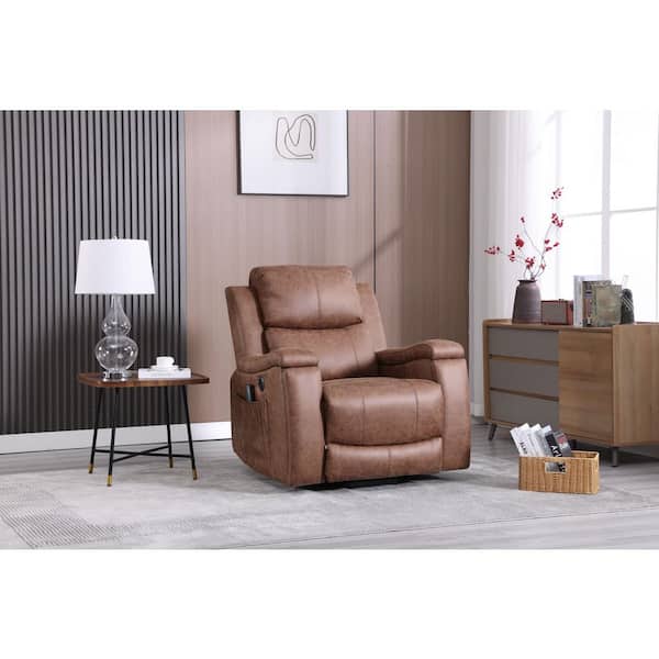 39 in.W Recliner Brown Oversized Faux Leather Heated Massage Power Recliner Sofa with Adjustable Footrest and Cup Holder