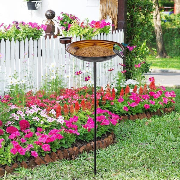 46 in. H 12.7 in. Bowl Diameter Rustic Finish Metal Bird Bath with 5 Prongs Stake Hummingbird Bird Baths Garden Decor