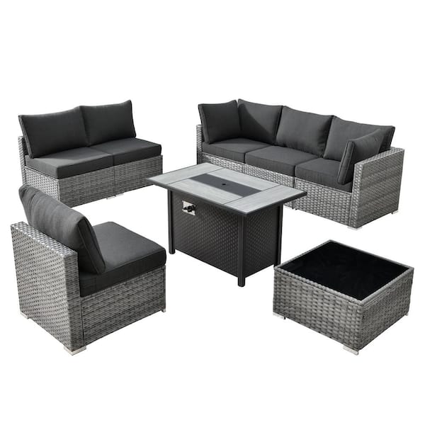 Helene Gray 8-Piece Wicker Outdoor Patio Conversation Sectional Sofa Set with a Metal Fire Pit and Black Cushions