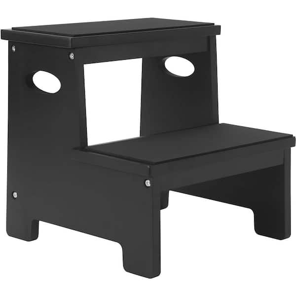 Kids Step Stool Black Wooden 2 Step Reach Stools for Toddlers Bathroom Kitchen Sink Portable Childrens Foot Bed Step