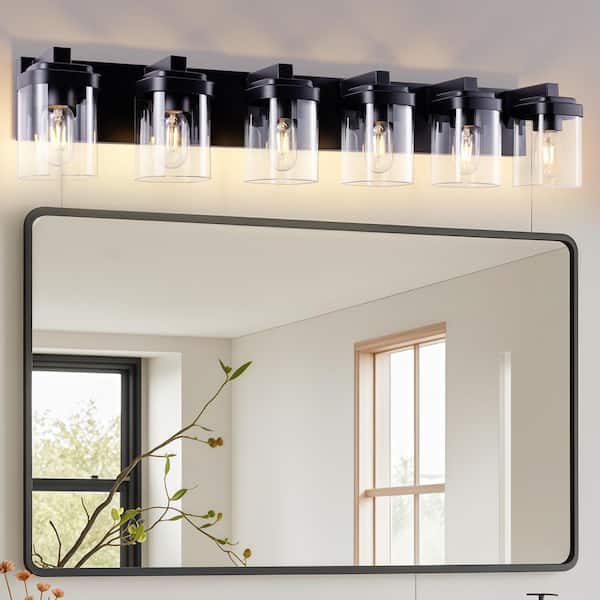 5 Light Black Bathroom Vanity Light, Bathroom Light Fixture with Clear Glass Shade, Vanity Light Fixtures Over Mirror