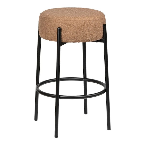 JONATHAN Y Paola 25.5 in. Modern Minimalist Round Backless Metal/Boucle Cushioned Counter Stool, Brown/Black