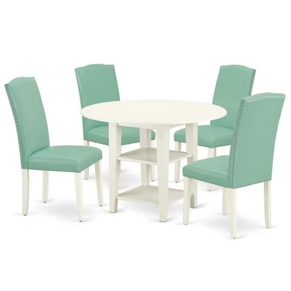 East West Furniture 5-Piece Linen White Finish Solid Wood Top-Round Dining Room Set with Dropleaf-Seats 4