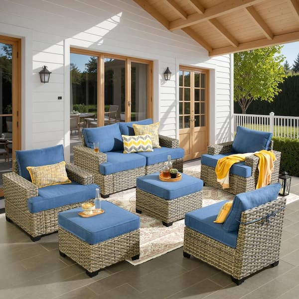 HOOOWOOO Kelleys 7-Piece Wicker Modern Outdoor Patio Conversation Sofa Seating Set with Sky Blue Cushions