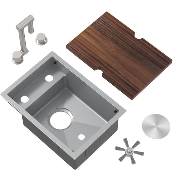 17 in. Undermount Single Bowl 16-Gauge Chrome Stainless Steel Hidden Utility Kitchen Bar Sink w/Folding Faucet