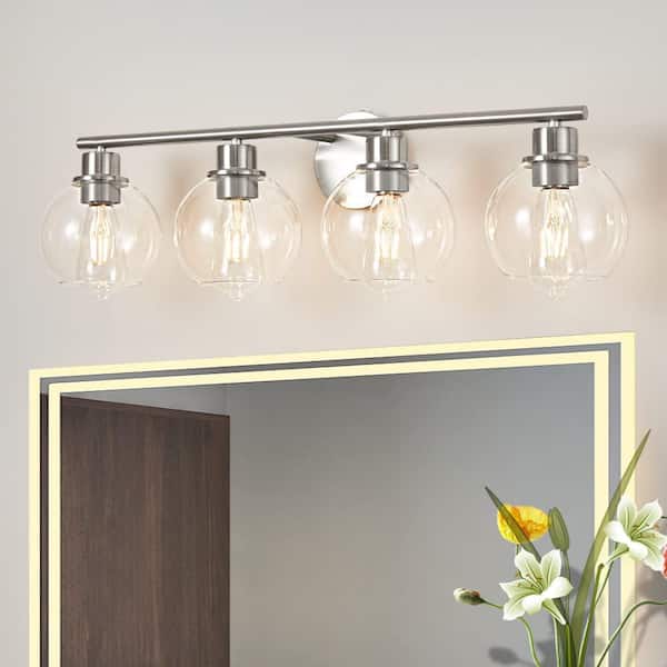 Deyidn Modern 29.53 in. 4-Light Nickel Bathroom Vanity Light Interior Powder Room Lighting with Clear Globe Shades
