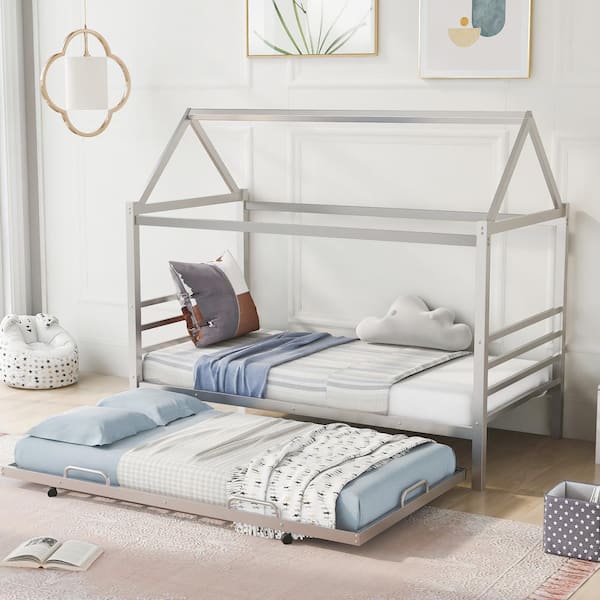 GOJANE 78.30 in. W Silver Metal Frame Twin Size House Shape Platform Bed with Trundle