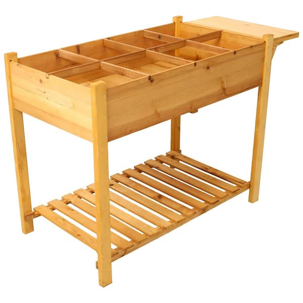 8-Pocket Horticultural Raised Garden Bed, Elevated Wood Planter Box with Foldable Side Table and Storage Shelf