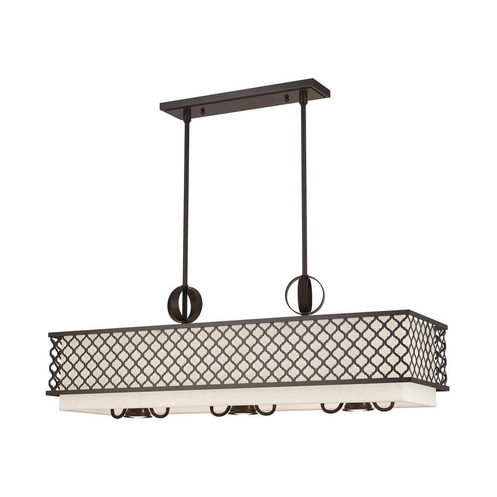 Arabesque English Bronze 9-Light Linear Chandelier with Fabric Shades