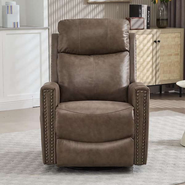 Grey Genuine Leather Manual Swivel Recliner Rocker Chair with Massage and Heat, Nailhead Trim, Side Pocket