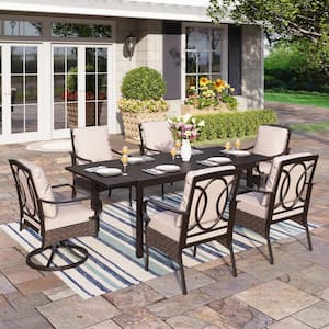 7-Piece Metal Patio Outdoor Dining Set with Black Expandable Rectangle Table and Chairs with Beige Cushions