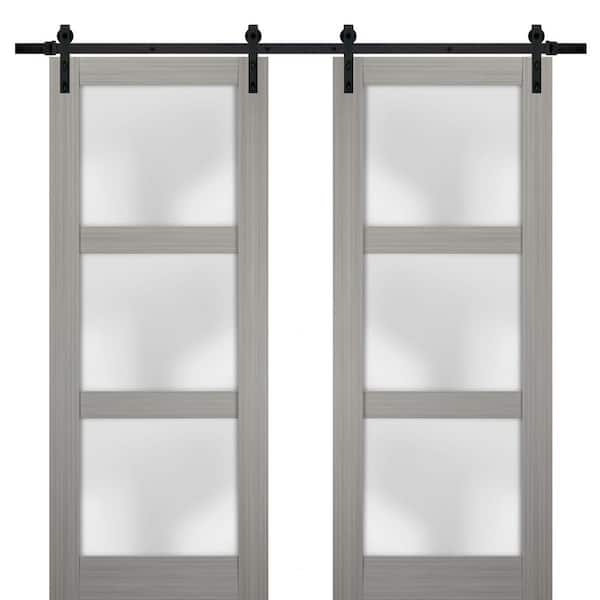 Sartodoors 2552 36 in. x 96 in. 3 Panel Gray Finished Pine Wood Sliding Door with Double Barn Hardware