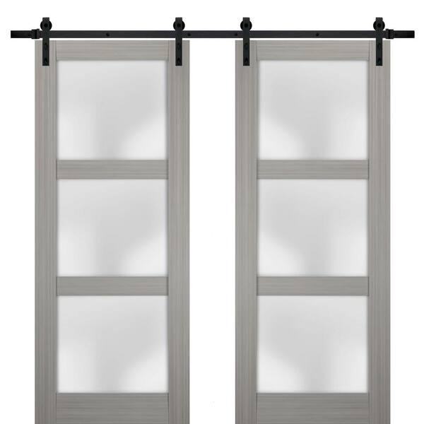Sartodoors 2552 48 in. x 84 in. 3 Panel Gray Finished Pine Wood Sliding Door with Double Barn Hardware