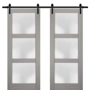 2552 56 in. x 96 in. 3 Panel Gray Finished Pine Wood Sliding Door with Double Barn Hardware