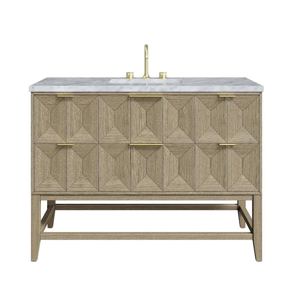 James Martin Vanities Emmeline 48.0 in. W x 23.5 in. D x 36 in. H Single Bathroom Vanity Pebble Oak and Carrara White Marble Top
