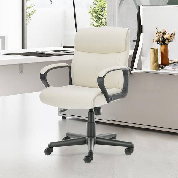 Yangming White PU Leather Desk Chair Adjustable Task Chair with Lumbar ...