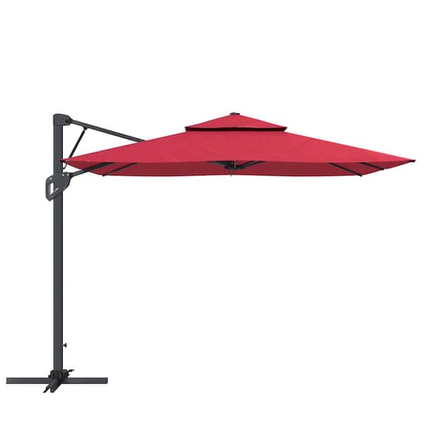 Clihome 10 ft. Patio Square Pneumatic Lever Cantilever Umbrella in Red with Crank (Without Base)