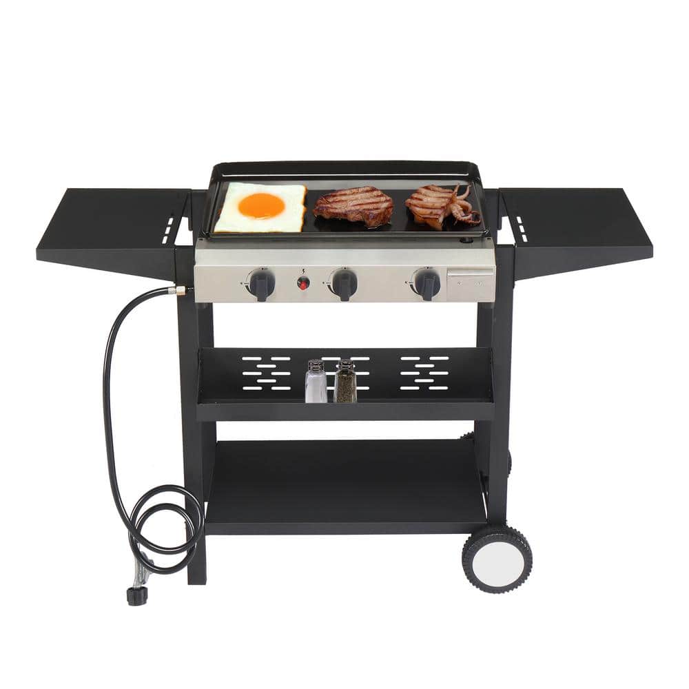 Black 3-Burner Propane Gas Griddle Cooking Station with Folding Shelves