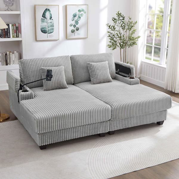 75.5 in. Square Arm Corduroy Rectangle Sofa with Cup Holders in Gray (Seats 3)