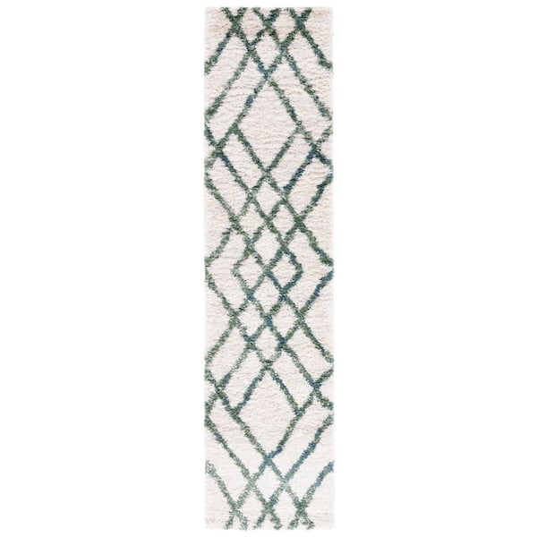 Berber Shag 2 ft. x 10 ft. Ivory/Green Diamond Geometric Runner Rug