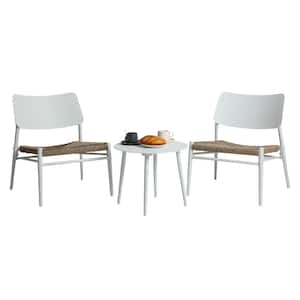 White 3-Piece Aluminum Frame Outdoor Patio Conversation Chair and Table Set with Hand-Woven Ratten Seat