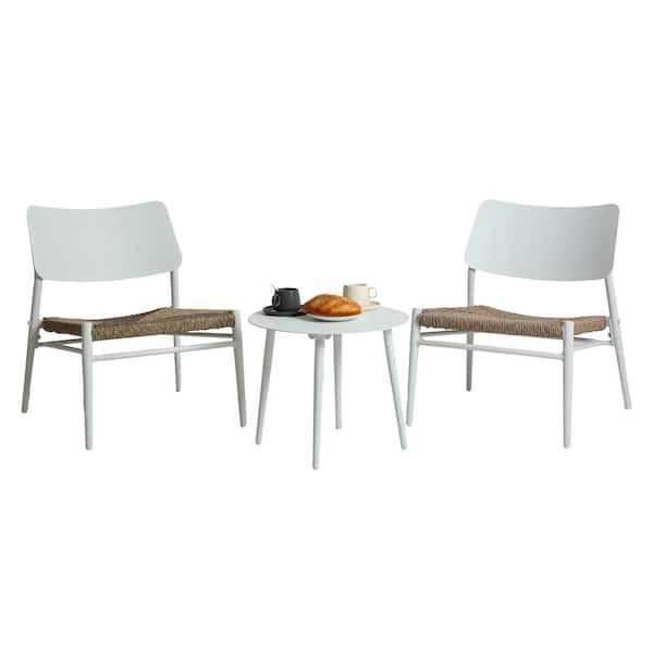 HOMEFUN White 3-Piece Aluminum Frame Outdoor Patio Conversation Chair and Table Set with Hand-Woven Ratten Seat