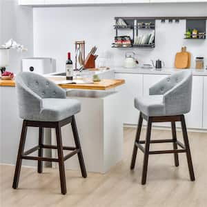 Grey Swivel Bar Stools Tufted Bar Height Pub Chairs with Rubber Wood Legs (Set of 2)