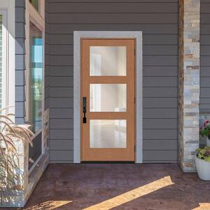 Regency 36 in. x 80 in. Modern 3Lite Equal Clear Glass LHOS Autumn Wheat Stain Mahogany Fiberglass Prehung Front Door