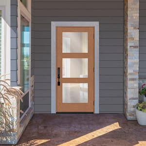 Regency 32 in. x 80 in. Modern 3Lite Equal Clear Glass LHOS Autumn Wheat Stain Mahogany Fiberglass Prehung Front Door