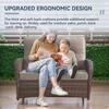 Woman and child sitting on the outdoor loveseat for support.