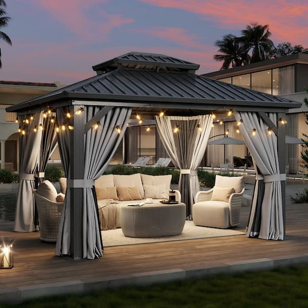 12 ft. x 10 ft. Steel Frame Double Metal Roof Gazebo with Hooks, Curtains, and Netting