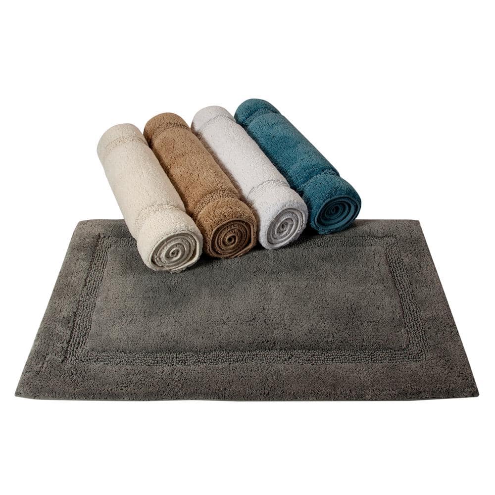Ivory Cotton Non-Skid Bath Rug Set with Textured Border