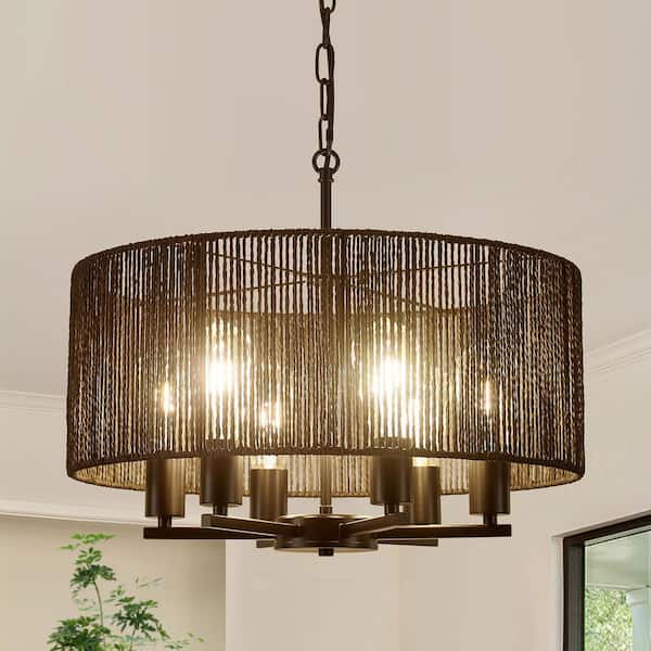 ZSMIHDOH 6-Light Natural and Black Rattan Bohemian Drum Chandelier for Living Room Kitchen