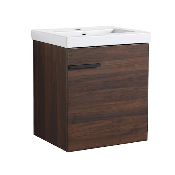 JimsMaison 18 in. W x 15. in D. x 21 in. H Single Sink Wall Mounted Bath Vanity in California Walnut with White Ceramic Top