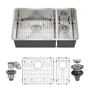 32 in. Undermount Double Bowl 16-Gauge Stainless Steel Kitchen Sink with Bottom Grids